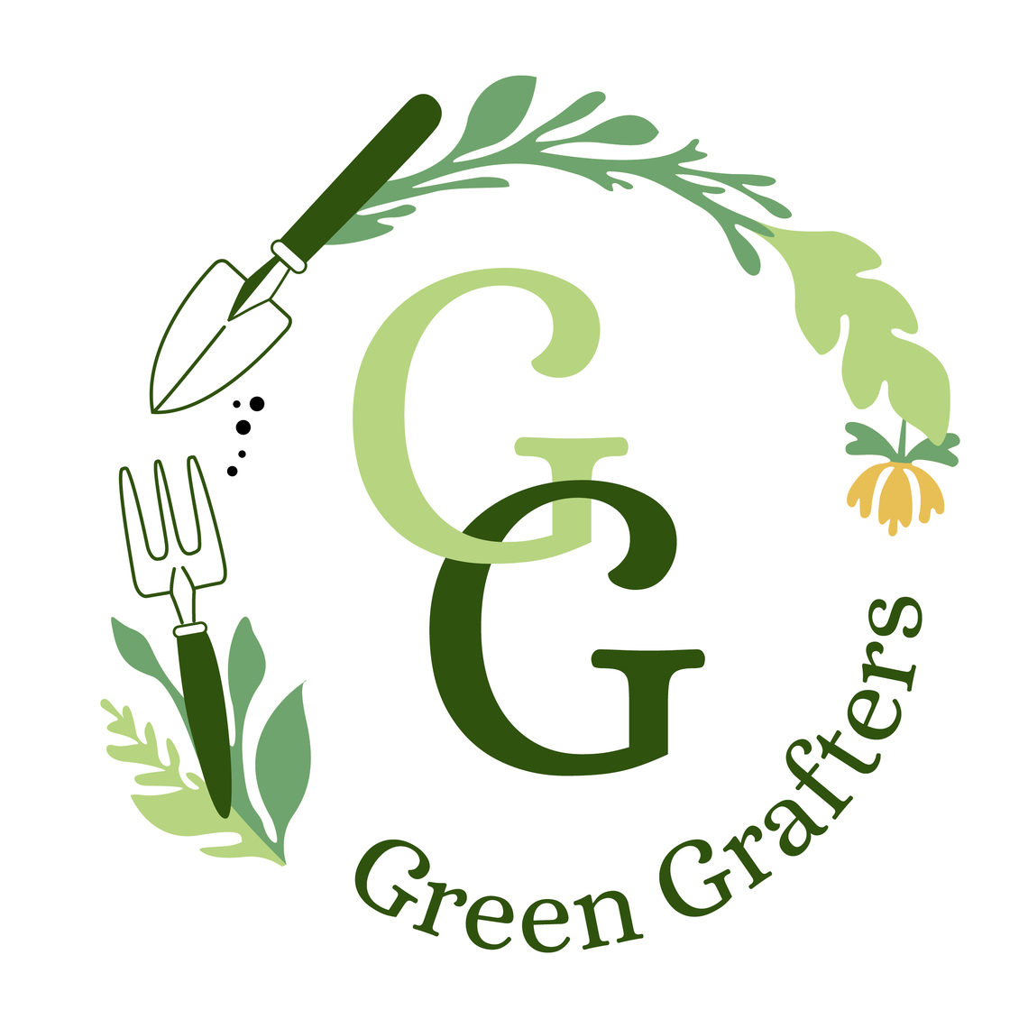 Logo Green Grafters Illustration two G's surrounded by tools and foliage