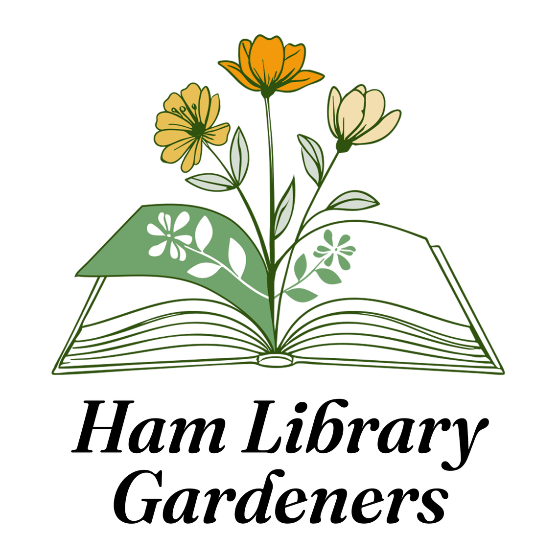 Logo Ham Library Gardeners Flowers growing out of book illustration